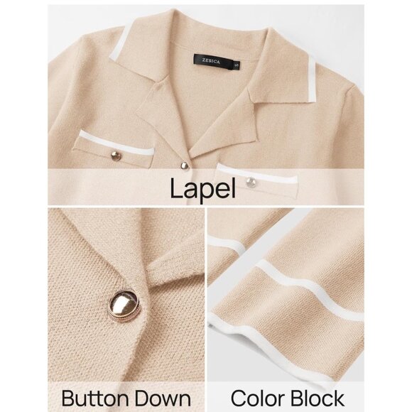 Zesica Womens Beige Knit Pant Set With Button-Down Lapel Top & Wide Leg Pants Co - Picture 3 of 4